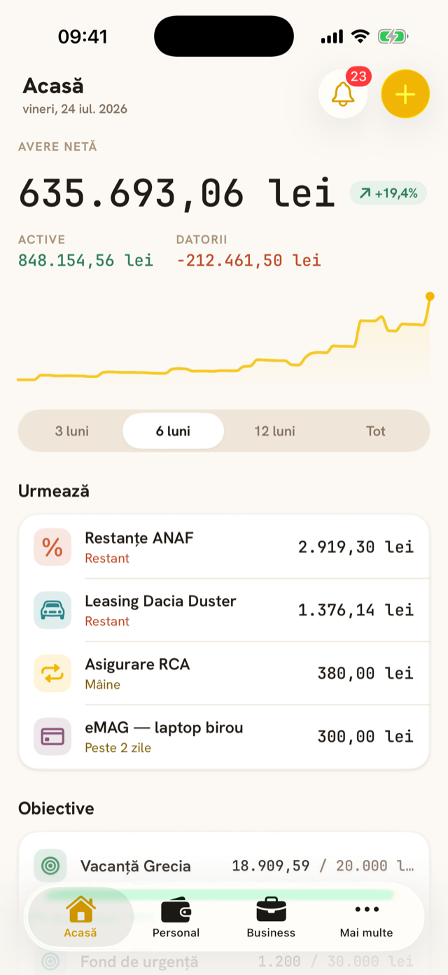 Ecranul Acasă din Spendwise: avere netă și conturi